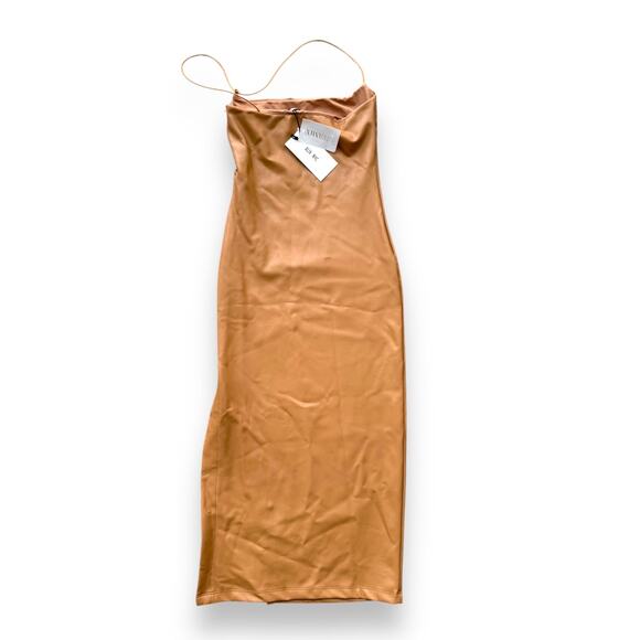 NWT Alix NYC Vegan Leather Midi Dress beige halter side slit bodycon sz XS - Picture 3 of 12